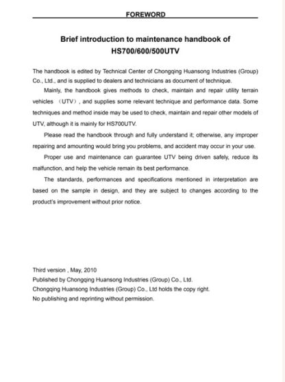 Hisun 500-700 UTV EFI Maintenance Service Manual