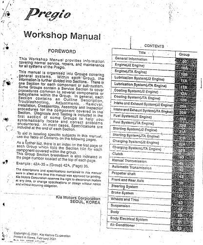 Kia Pregio Workshop Manual