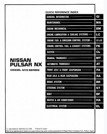 1989 Nissan Pulsar Nx N13 Series Service Manual