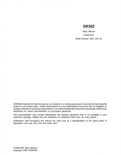 Doosan DX35Z Track Excavator Service Shop Manual