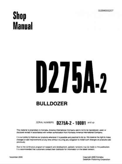 Komatsu D275A-2 Dozer Bulldozer Service Shop Manual
