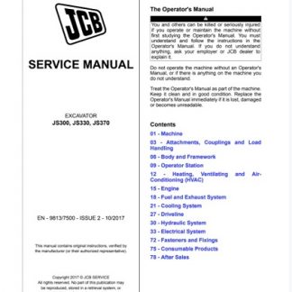 JCB JS300, JS330, JS370 Tracked Excavators Service Repair Manual