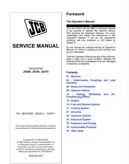 JCB JS300, JS330, JS370 Tracked Excavators Service Repair Manual