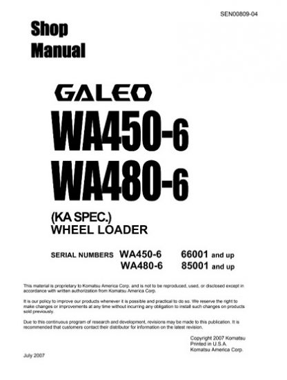 Komatsu WA450-6, WA480-6 Galeo Wheel Loader Service Shop Manual