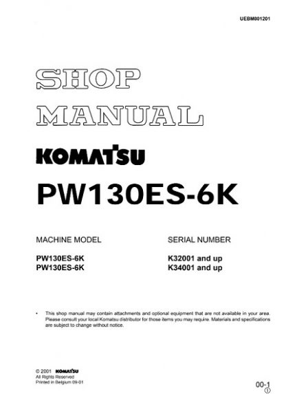 Komatsu PW130ES-6K Hydraulic Excavator Shop Manual