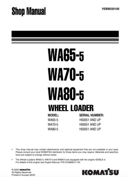 Komatsu WA65-5, WA70-5, WA80-5 Wheel Loader Shop Manual