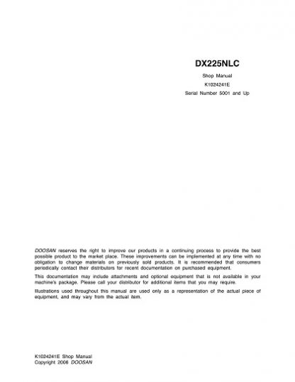 Daewoo Doosan DX225NLC Track Excavator Service Manual