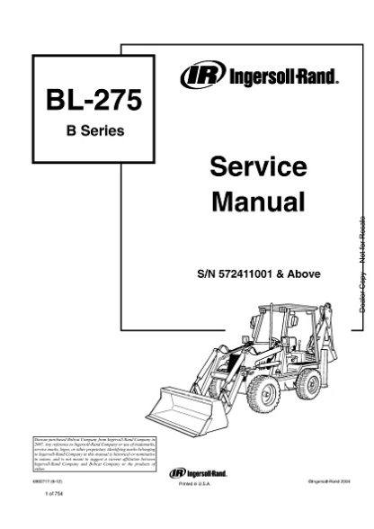Bobcat Ingersoll Rand BL275 B-Series Backhoe Loader Service Manual