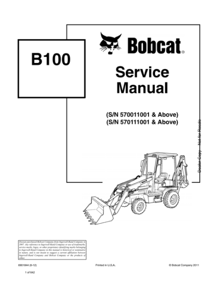Bobcat B100 Loader Backhoe Service Repair Manual