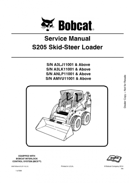 Bobcat S205 Skid - Steer Loader Service Manual