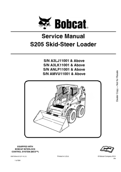 Bobcat S205 Skid - Steer Loader Service Manual