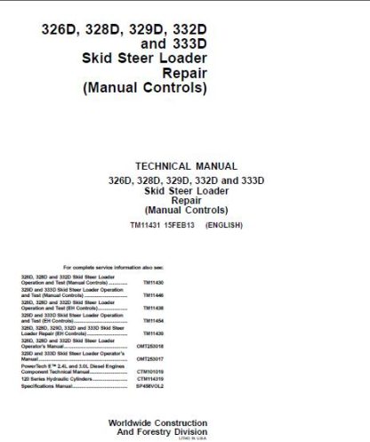 John Deere 326d, 328d, 329d ,332d ,333d Skid Steer Loader Technical Manual