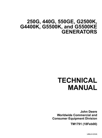 John Deere 250G, 440G, 550GE, G2500K, G4400K, G5500K, G5500KE Generators Technical Manual
