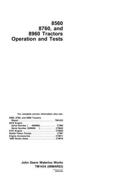 John Deere 8560, 8760, 8960 Tractors Operation and Tests Technical Manual
