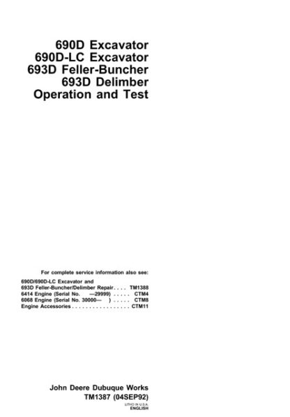 John Deere 690D Excavator, 690D-LC Excavator, 693D Feller-Buncher, 693D Delimber Operation and Test Technical Manual